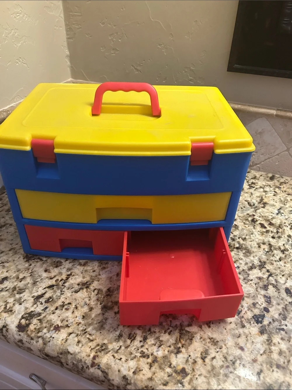 Kids Multi-Color Plastic Toy Storage Box with Drawers - Yellow/Blue/Red & Handle